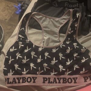 PLAYBOY Black and Light Pink Bunny Logo Racerback Sports Bra